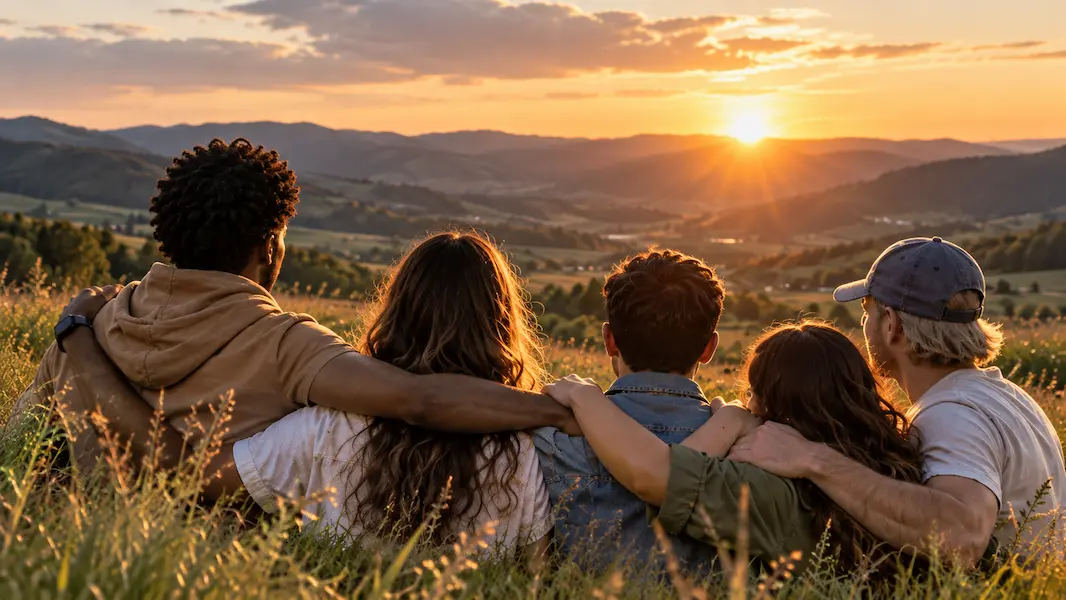 Christians standing together at sunset